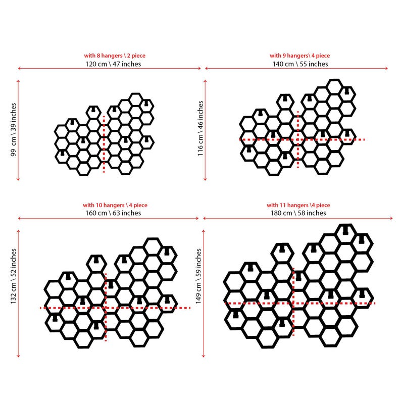 May include: Four different sizes of honeycomb wall decor, each with a different number of hangers. The smallest is 120 cm by 47 inches, the next is 140 cm by 55 inches, the next is 160 cm by 63 inches, and the largest is 180 cm by 58 inches.