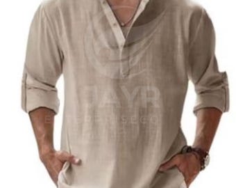 Men's Streetwear Shirt - Lightweight Cotton Linen Henley - Long Sleeve Beach Shirt - Breathable Casual Vacation Resort Wear