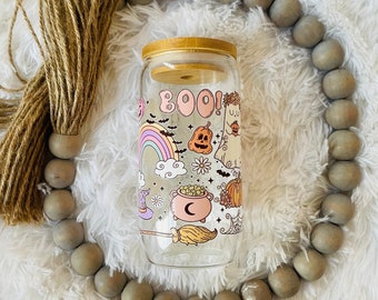 Vaso de cristal fantasma (16 oz) con tapa de bambú, artículos para beber de Halloween