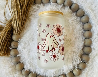Vaso esmerilado de 16 oz con diseño floral fantasmal, ideal para Halloween