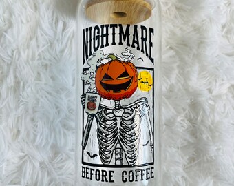 Vaso de vidrio de 20 oz de Pesadilla antes del café, artículos para beber de Halloween