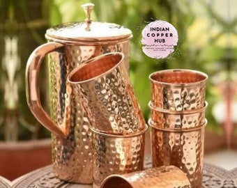100% Pure Copper Jug with 6 Glass Copper Tumbler Glass Set Ayurveda Yoga Health Benefits Handmade Jug For Drinking Water Copper Anniversary