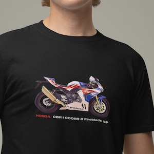 HONDA CBR1000RR-R Fireblade SP Motorrad-T-Shirt mit technischen Details auf der Rückseite.