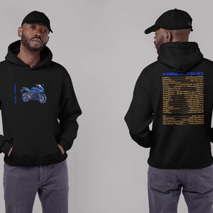 Yamaha YZF-R3 motorcycle hoodie with technical details printed on the back.