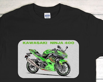 Cool KAWASAKI Ninja 400 (green) motorcycle T-shirt with technical details printed on the back.