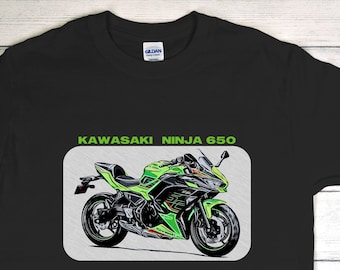 Cool KAWASAKI Ninja 650 motorcycle T-shirt with technical details printed on the back.