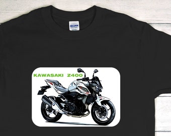 Cool KAWASAKI Z400 motorcycle T-shirt with technical details printed on the back.