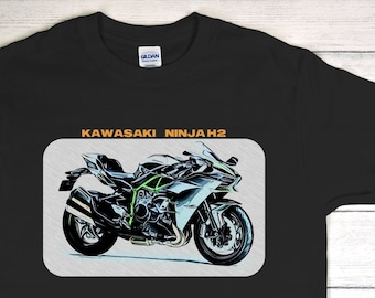 Cool KAWASAKI NINJA H2 motorcycle T-shirt with technical details printed on the back.