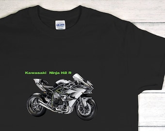 Kawasaki Ninja H2 R motorcycle T-shirt with technical details printed on the back.
