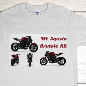 MV Agusta Brutale RR motorcycle ice gray T-shirt. Double print with model specifications printed on the back.