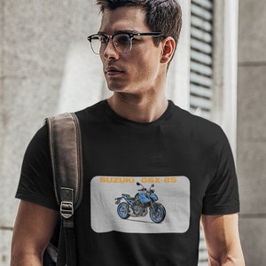 Cool Suzuki GSX-8S motorcycle T-shirt with technical details printed on the back.