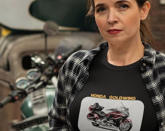 Cool HONDA GOLDWING motorcycle T-shirt with technical details printed on the back.