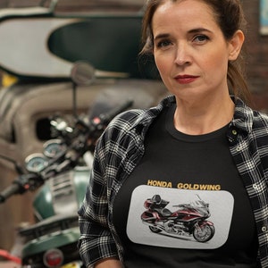 Cool HONDA GOLDWING motorcycle T-shirt with technical details printed on the back.