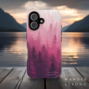 Custodia per iPhone WanderStrong Forest, design maestoso e vibrante, rosa verde acqua, immagine rilassante, MagSafe, regalo per gli amanti della natura, custodia protettiva.