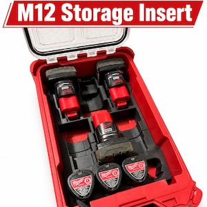 May include: A red Milwaukee PACKOUT storage case with an open lid and a black interior insert. The insert holds three red and black M12 batteries in the top and middle sections, and three additional M12 batteries in the bottom section.