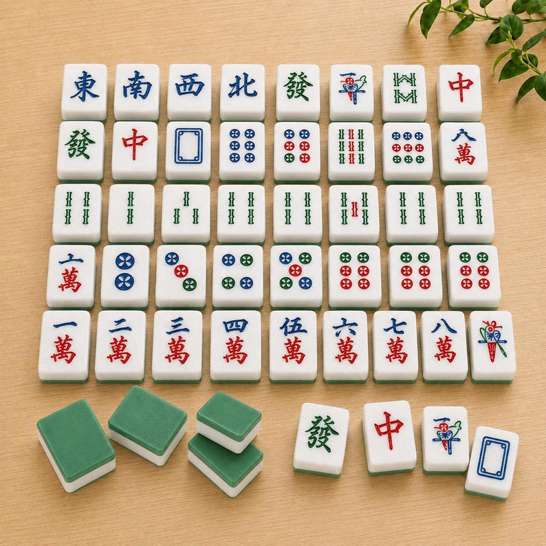 May include: A collection of white rectangular mahjong tiles with green backs, featuring various engraved characters, numbers, and symbols in red, blue, and green ink, arranged in a grid pattern with several loose tiles placed in the foreground.