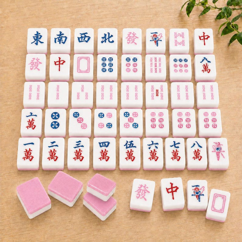 May include: A collection of white rectangular mahjong tiles arranged in a grid and scattered at the bottom. The tiles feature various engraved symbols, Chinese characters, and numerical patterns in red, blue, and pink ink on their front faces.