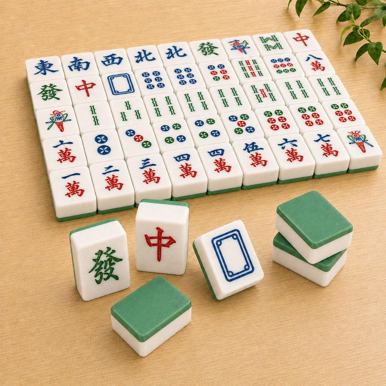May include: A set of white and green Mahjong tiles featuring various engraved characters, symbols, and numbers in red, blue, and green ink. The tiles are arranged in a grid pattern with several individual tiles placed in the foreground.