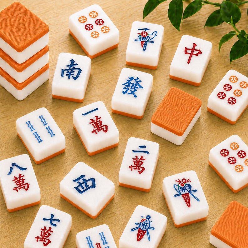 May include: A collection of rectangular Mahjong tiles with white faces and orange backs. The tiles feature various engraved symbols, including Chinese characters in red and blue, circular patterns, and bird designs, scattered across the surface.