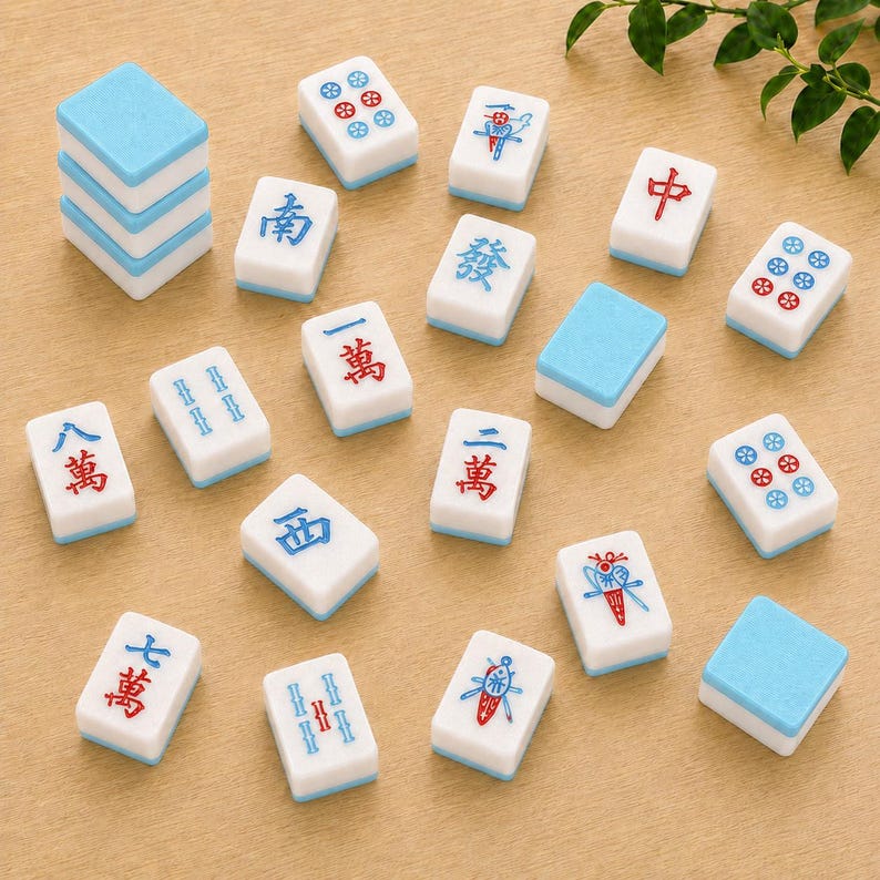 May include: A collection of rectangular mahjong tiles with white faces and light blue backs. The tiles feature various engraved characters, symbols, and circular patterns in red and blue ink. Some tiles are stacked, while others are scattered.