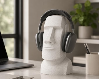 Moai Head Headphone Stand, Over Ear Headset Holder, Modern Desk Decor, Minimalist Sculpture, Gamer Desk Accessory