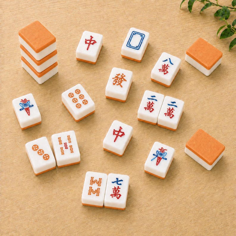 May include: A collection of rectangular mahjong tiles with white faces and orange backs. The tiles feature various red, blue, and orange engraved symbols, including Chinese characters, circular patterns, and floral designs, arranged in a scattered layout.