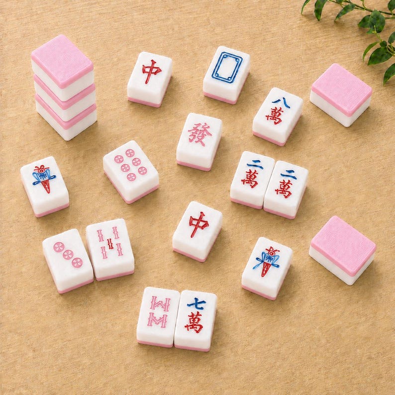 May include: A collection of rectangular Mahjong tiles featuring white faces with red, blue, and green engraved symbols and characters, paired with solid pink backs. Some tiles are stacked, while others are scattered, displaying various game markings.