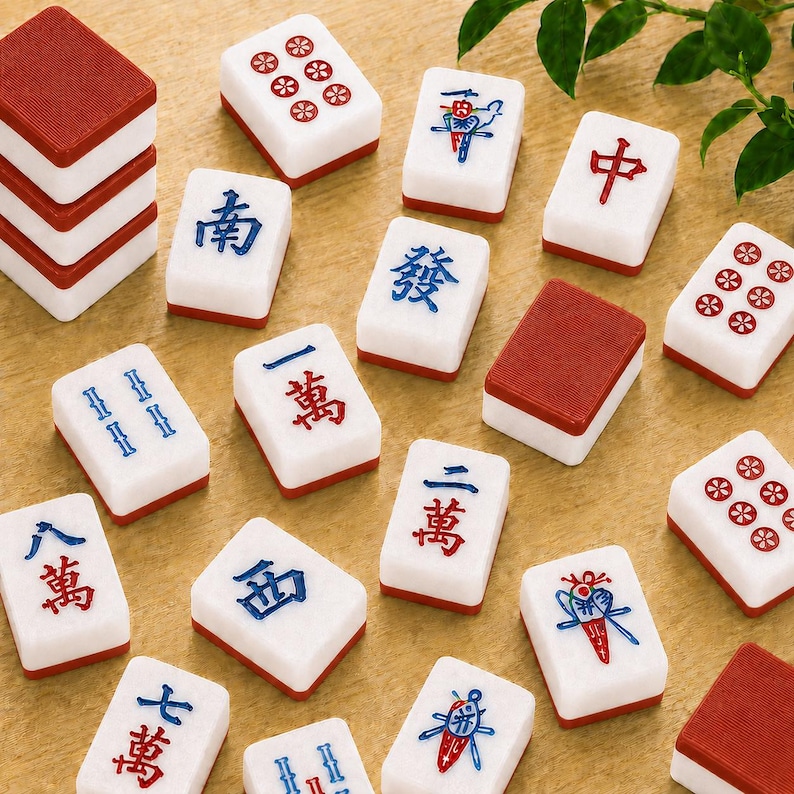 May include: A collection of rectangular Mahjong tiles with white faces and red backs. The tiles feature various engraved symbols, including Chinese characters in blue and red, numerical dot patterns in red, and bird illustrations in blue and red.
