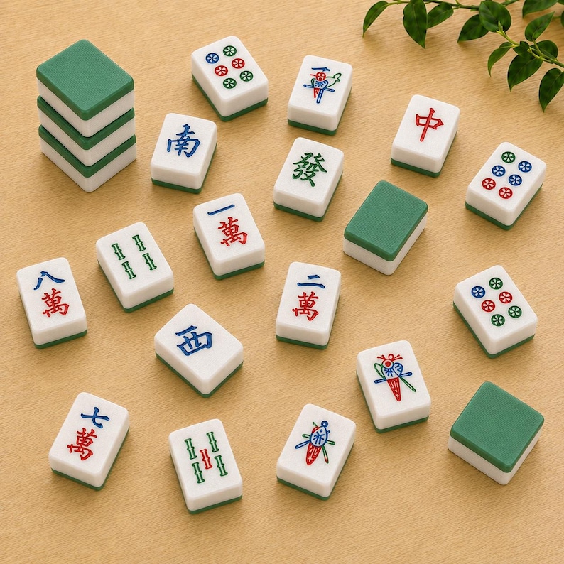 May include: A collection of rectangular Mahjong tiles featuring white faces with various colorful Chinese characters, bamboo patterns, and circular designs, alongside solid green-backed tiles, some stacked and others scattered.