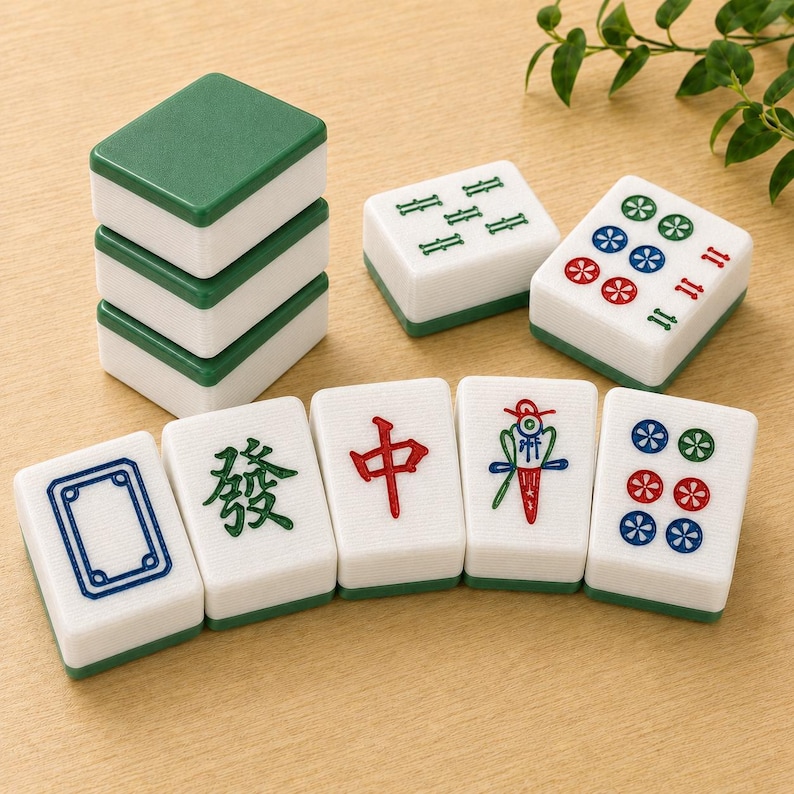 May include: A set of rectangular Mahjong tiles with white faces and green backs. The tiles feature various engraved symbols, including Chinese characters, circular patterns, and geometric shapes in red, green, and blue ink on the white surfaces.