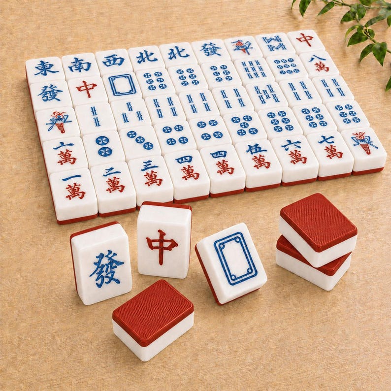 May include: A set of white Mahjong tiles with red and blue engraved characters, symbols, and numbers. The tiles are arranged in a rectangular grid with several loose tiles placed in the foreground, showing both the front faces and red backs.