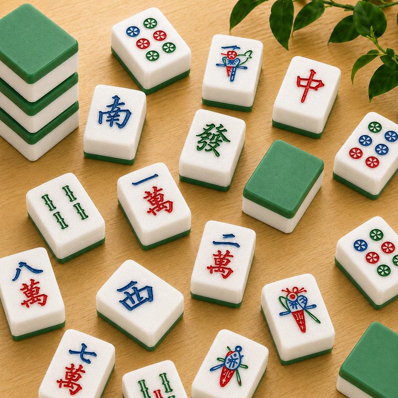 May include: A collection of rectangular Mahjong tiles with white faces and green backs. The tiles feature various engraved symbols, including Chinese characters in red, blue, and green, circular patterns, and stylized floral or insect-like designs.
