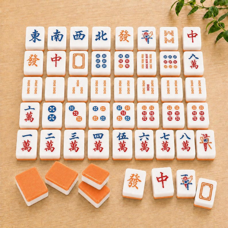 May include: A collection of white rectangular Mahjong tiles with orange backs, featuring various engraved Chinese characters, numbers, and circular patterns in blue, red, and green ink, arranged in a grid with several loose tiles at the bottom.