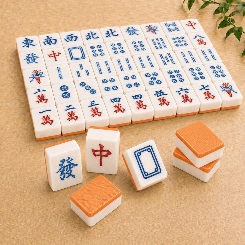 May include: A set of white mahjong tiles with orange backs, featuring various blue and red engraved Chinese characters, numbers, and symbols. The tiles are arranged in a grid pattern with several individual tiles placed in the foreground.