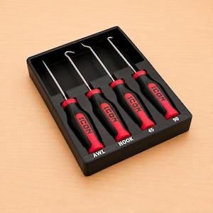 May include: A set of four ICON brand tools in a black plastic tray. The set includes a straight awl, a hook tool, a 45-degree hook, and a 90-degree hook. Each tool features a black and red handle with the ICON logo printed in black text.