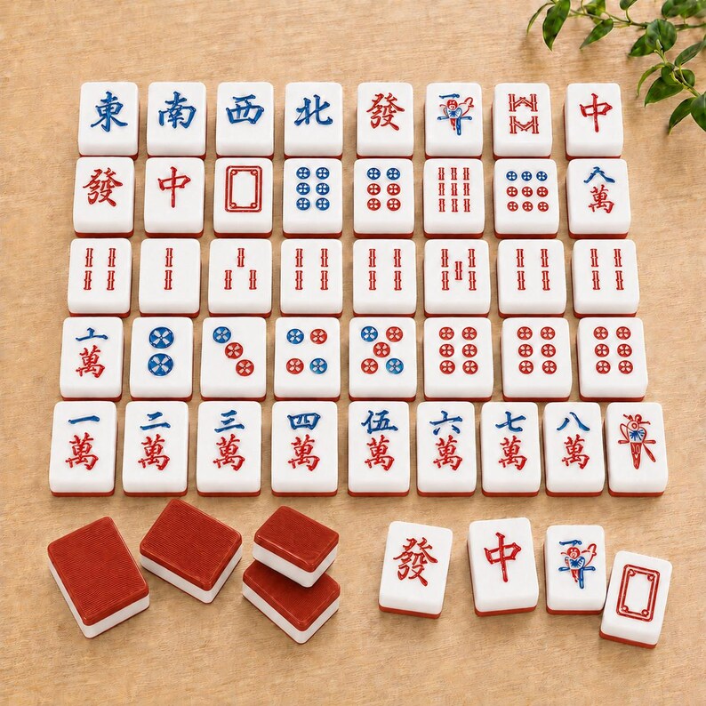 May include: A set of white rectangular mahjong tiles featuring various red, blue, and black engraved Chinese characters, symbols, and numerical patterns. Some tiles are displayed face-up in a grid, while others are placed face-down showing red backs.