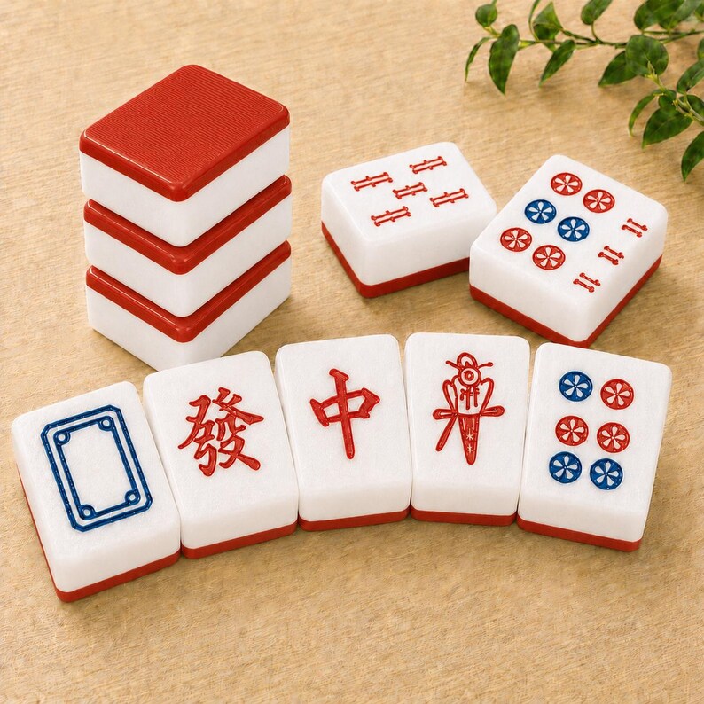May include: A collection of rectangular mahjong tiles with white faces and red backs. The tiles feature engraved symbols in red and blue, including Chinese characters, circular patterns, and a rectangular frame. Some tiles are stacked in a vertical column.