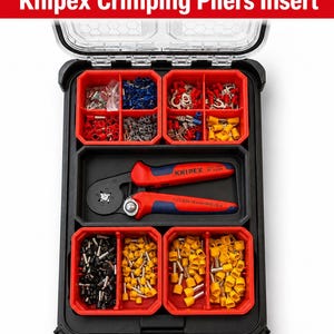 May include: A black Milwaukee PACKOUT organiser case containing a custom red insert for Knipex crimping pliers. The case features four red bins filled with various coloured wire ferrules and terminals, and a central compartment holding the pliers.