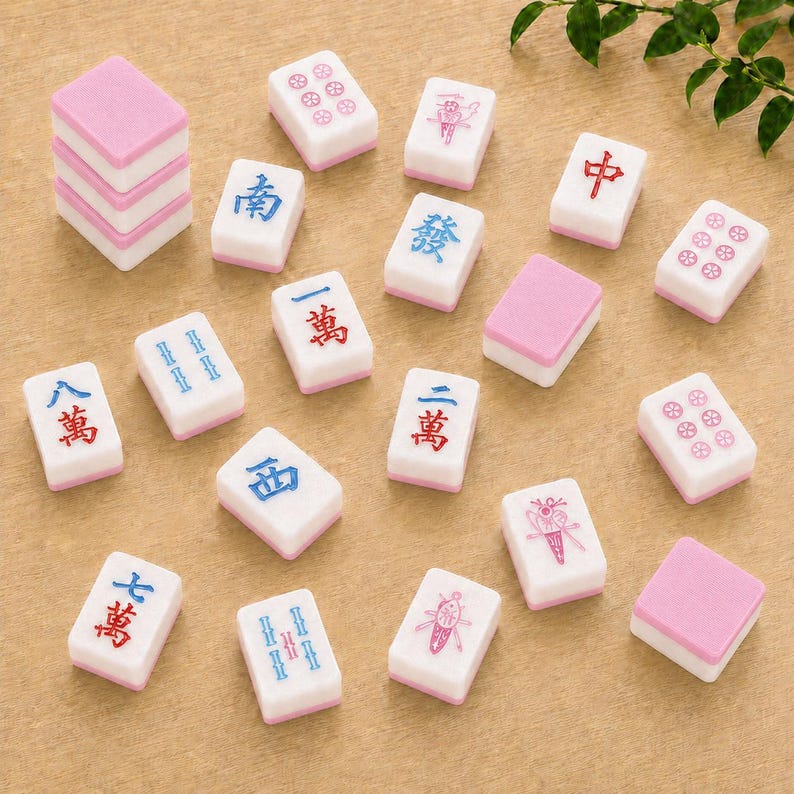 May include: A collection of rectangular mahjong tiles with white faces and pink backs. The tiles feature various engraved symbols, characters, and numbers in red, blue, and pink ink. Some tiles are stacked, while others are scattered across the surface.