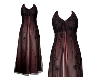 Vampy Gothic Ombré Mesh Overlay Beaded Prom Dress Evening Dress Formal Wedding Halter Neck Black Burgundy / Dark Plum Size UK 14