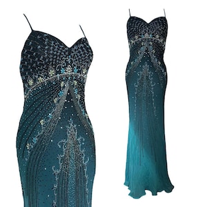 Ombre Vampy Gothic Fairy Silk Evening Dress Prom Dress Formal Maxi Dress  Beaded Turquoise Gems Size UK 10