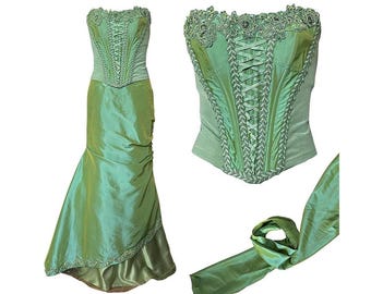 Emerald Green Satin Corset Dress, Hand Embroidered Formal Gown, Elegant  Evening Wear - Etsy