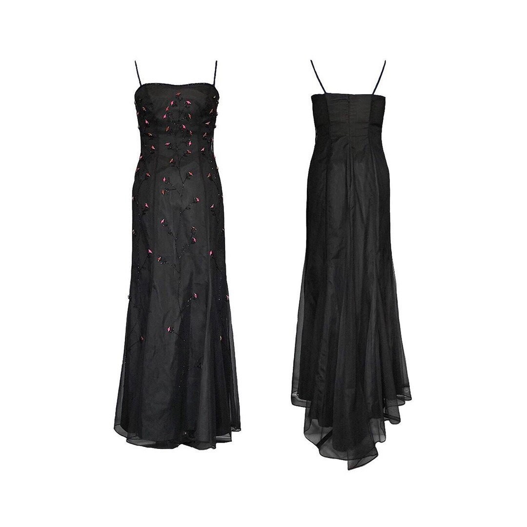 Black Rosebud Maxi Dress Mesh Gothic Vampy Beaded Evening Dress Prom Dress Formal Party Wedding Homecoming Size UK 12