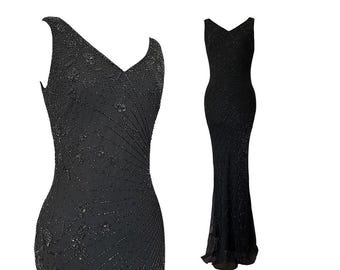 Black Vampy Gothic Fairy Silk Evening Dress Prom Dress Formal Maxi Dress Beaded  Size UK 8