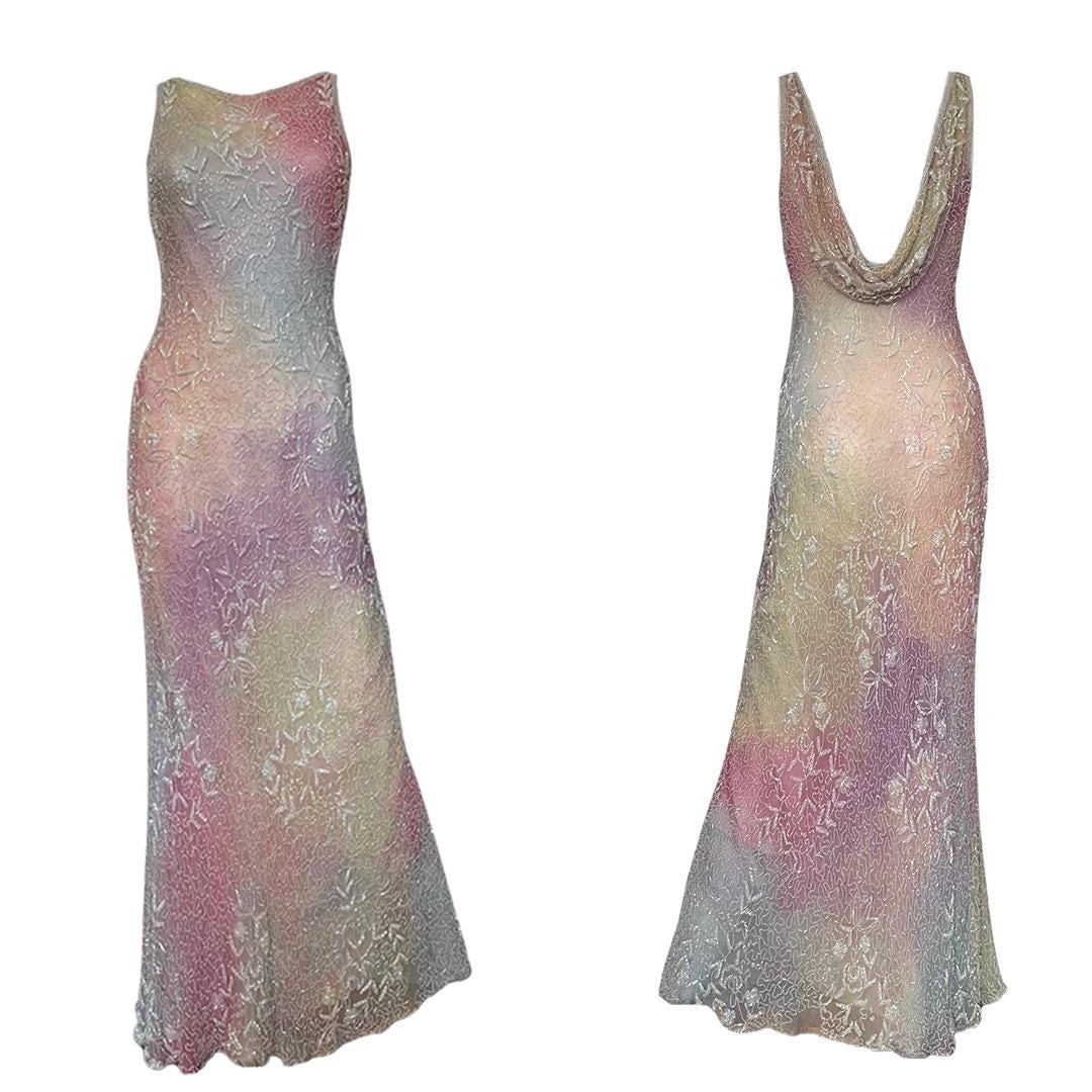 Rainbow Silk Beaded Dress Evening Prom Dress Wedding Formal Party Summer Multicoloured Size Small