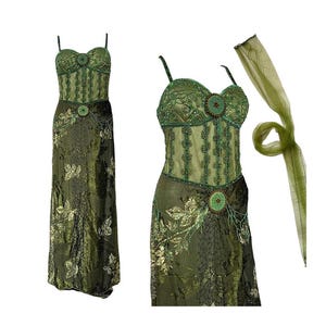 Y2K Green Silk Mesh Evening Dress Prom Dress Formal Embellished Ethereal Forest Fairy Iridescent beads & sequins Shawl Size UK 14
