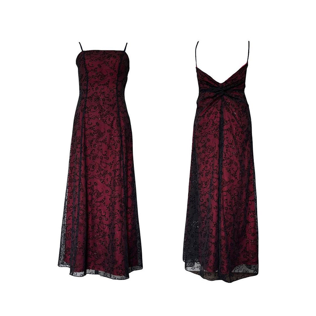 90s Vampy Gothic Mesh Overlay Glitter Prom Dress Red Black Evening Dress  Wedding Homecoming Dress Floral Open back Glitter size UK 12