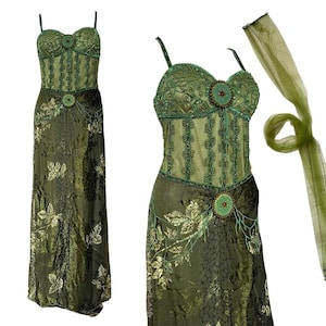 Y2K Green Silk Mesh Evening Dress Prom Dress Formal Embellished Ethereal Forest Fairy Iridescent beads & sequins Shawl Size UK Small 14
