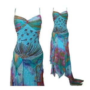 Silk Beaded Dress Evening Dress Prom Dress Wedding Formal Party Cocktail Mermaid Smiley Face Homecoming Multicoloured Turquoise Green Blue S