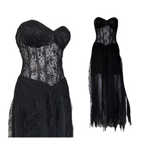 Black Gothic Fairy Silk Mesh Lace Evening Dress Prom Dress Formal Sequins Beaded Embellished Ethereal Bandeau Dolce Jovani Size UK 10